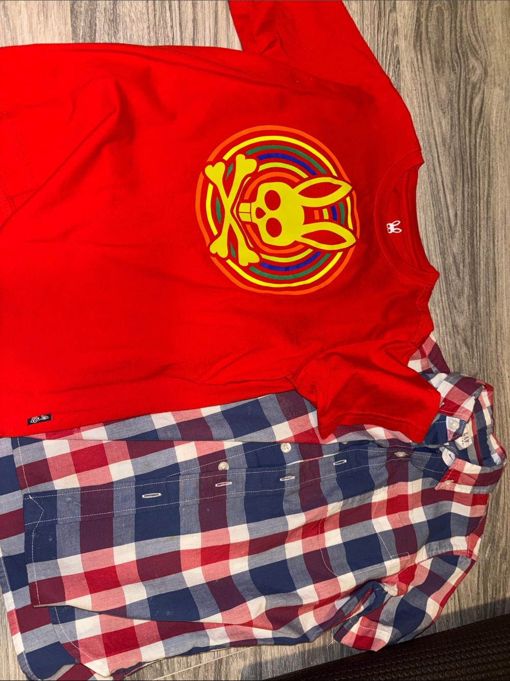 Psycho Bunny Red Sleeve Tee Yellow Bunny Skull Graphic & Gap plaid button down